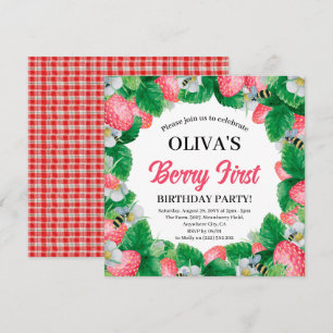 Invitation Berry First Aquarelle Fête d'anniversaire fraise 1
