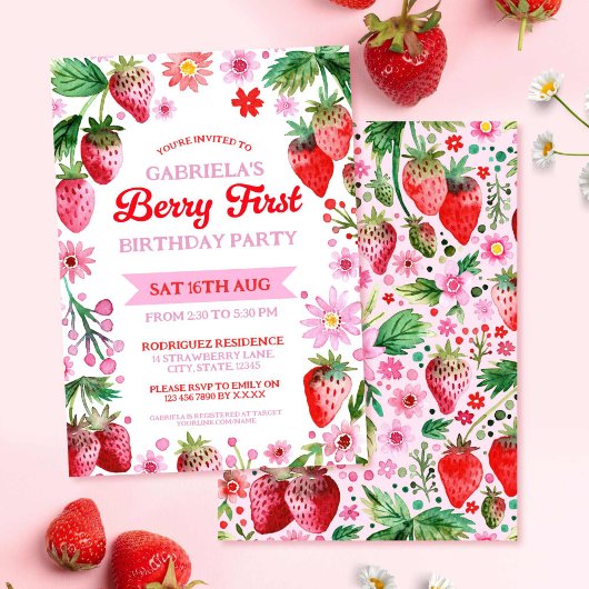 Invitation Berry First Bird Watercolor Fraises