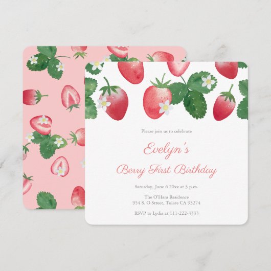 Invitation Berry First Birday Party Strawberries (Devant / Derrière)