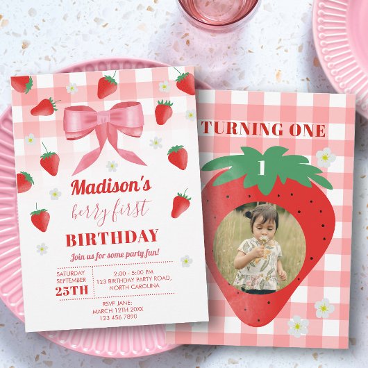 Invitation Berry First Birday Strawberry First Photo Bow