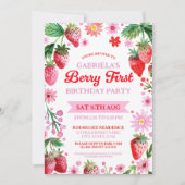 Invitation Berry First Birday Watercolor Strawberries Photo (Devant)