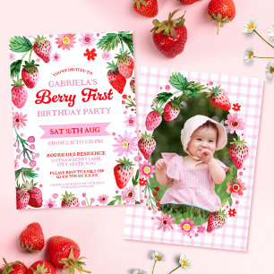 Invitation Berry First Birday Watercolor Strawberries Photo