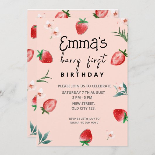 Invitation Berry First Birthday (Devant / Derrière)