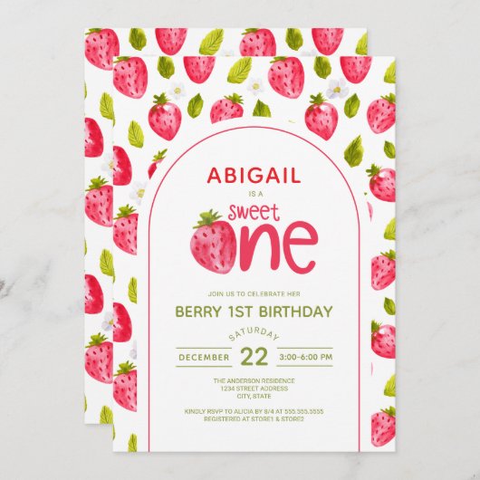Invitation Berry First Birthday (Devant / Derrière)