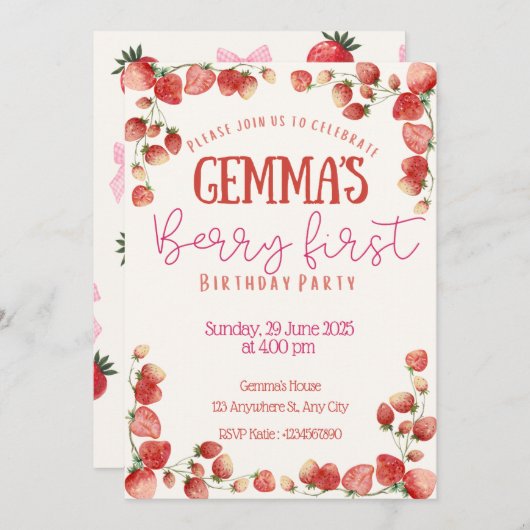 Invitation Berry First Birthday (Devant / Derrière)