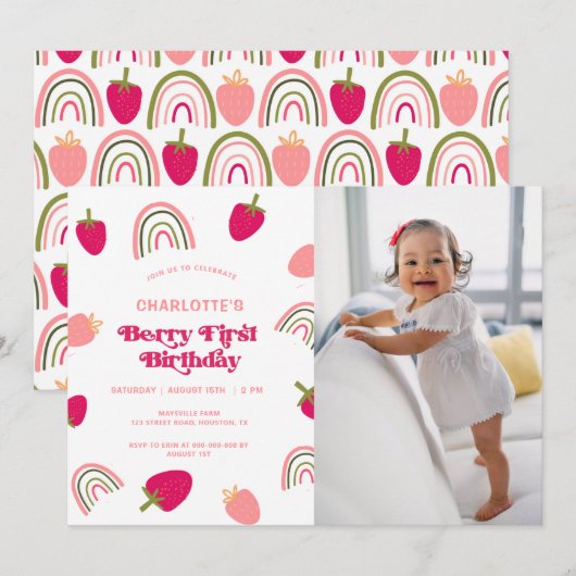 Invitation Berry First Birthday Boho Rainbow Photo Invitatiat (Devant / Derrière)