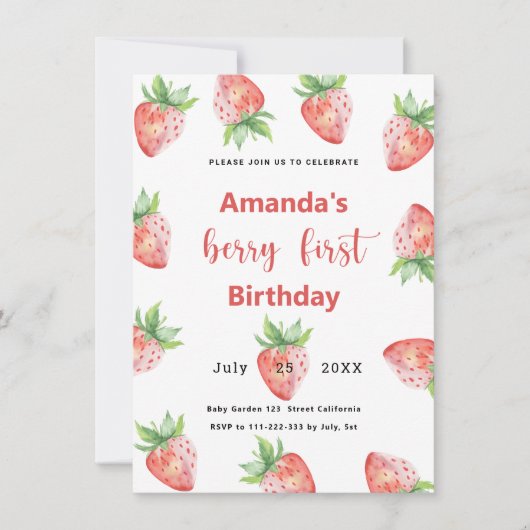 Invitation Berry First Birthday | fraise (Devant)