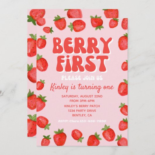 Invitation Berry First Birthday | fraise (Devant / Derrière)