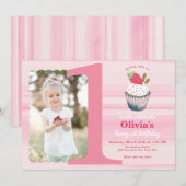 Invitation Berry First Birthday - Fraise rose (Devant / Derrière)