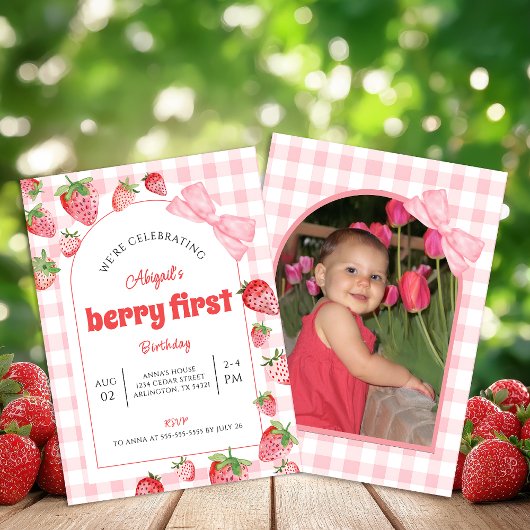 Invitation Berry First Birthday Pink Bow Gingham Photo