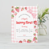 Invitation Berry First Birthday Pink Bow Gingham Photo (Debout devant)