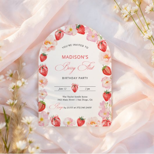 Invitation Berry First Birthday Strawberry Bow 1st Birthday