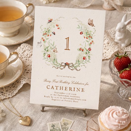 Invitation Berry First Birthday Wreath Garden Party