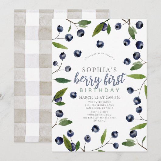 Invitation Berry First Blueberry Green 1er anniversaire (Devant / Derrière)