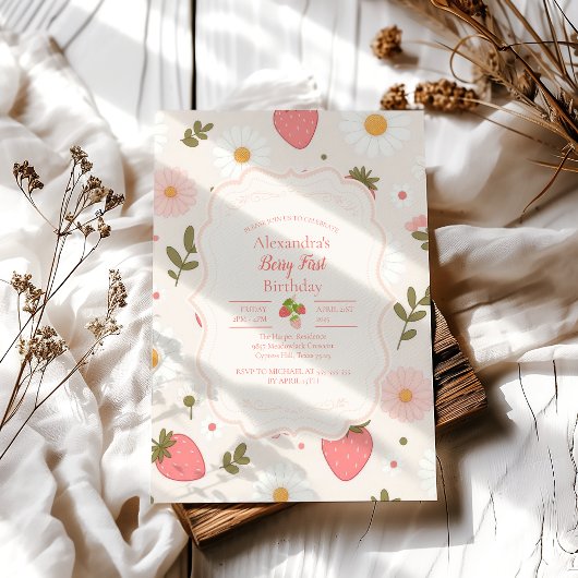Invitation Berry First | Cute Fille aux fraises 1er anniversa
