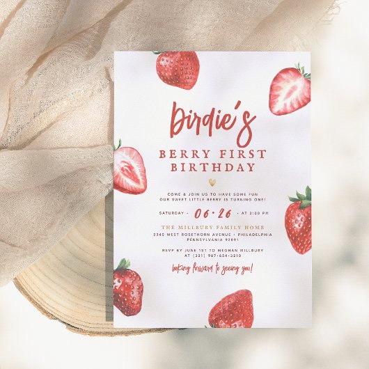 Invitation Berry First | Cute Fille aux fraises 1er anniversa