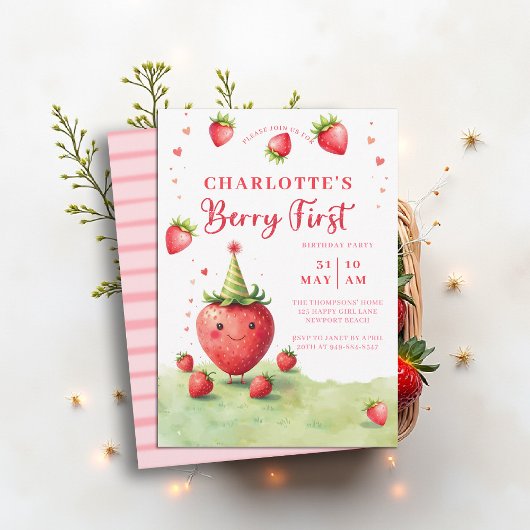 Invitation Berry First Cute Patch de Fraises 1er Anniversaire
