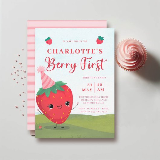 Invitation Berry First Cute Strawberry Caractère 1er Annivers