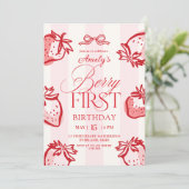 Invitation Berry First Hand Drawn Bow Strawberry Birthday (Debout devant)