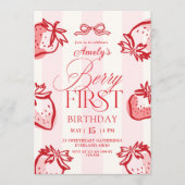 Invitation Berry First Hand Drawn Bow Strawberry Birthday (Devant)