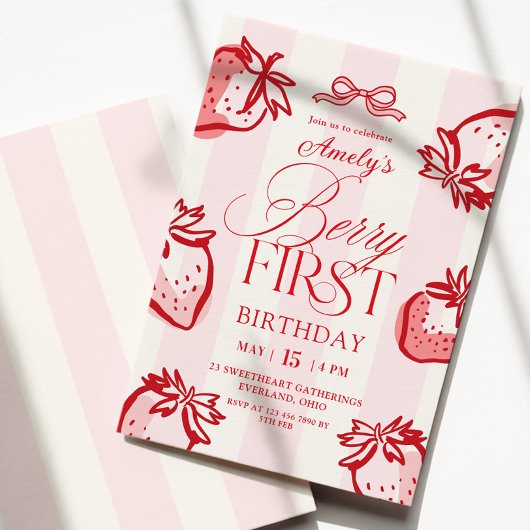 Invitation Berry First Hand Drawn Bow Strawberry Birthday