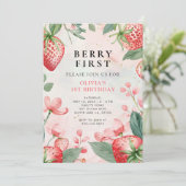 Invitation Berry First Pink Floral 1er Anniversaire Invitatio (Debout devant)