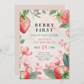 Invitation Berry First Pink Floral 1er Anniversaire Invitatio (Devant / Derrière)