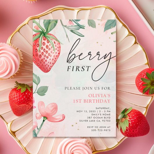 Invitation Berry First Pink Floral 1er Anniversaire Invitatio