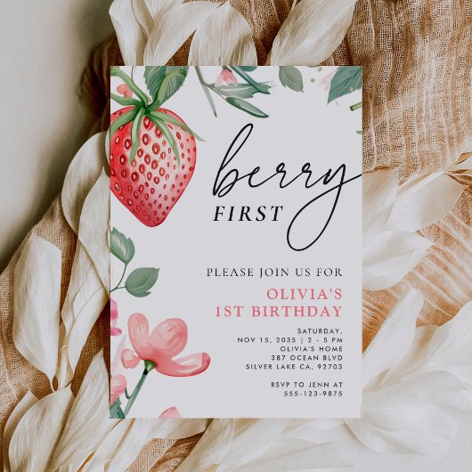 Invitation Berry First Pink Floral 1er Anniversaire Invitatio