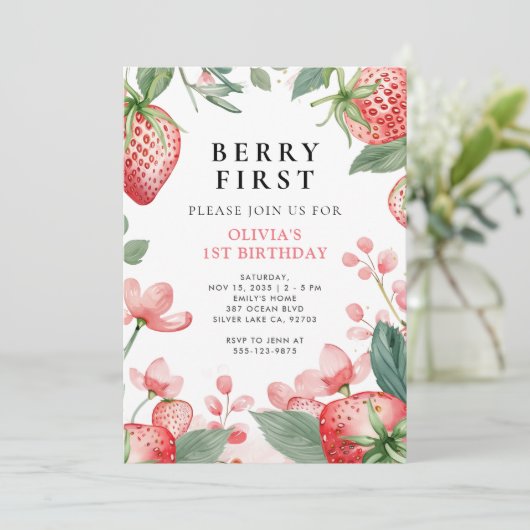 Invitation Berry First Pink Floral 1er Anniversaire Invitatio (Debout devant)