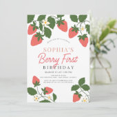Invitation Berry First Pink Fraise Floral 1er Anniversaire (Debout devant)