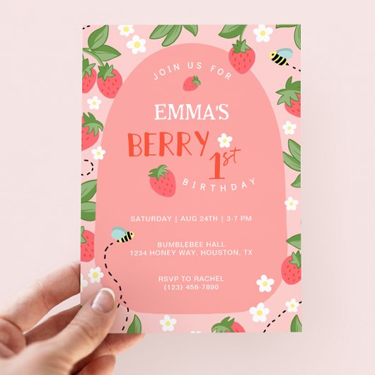 Invitation Berry First Pink Strawberry Bees Anniversaire