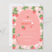 Invitation Berry First Pink Strawberry Bees Birthday Party (Devant)