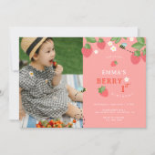 Invitation Berry First Pink Strawberry Bees Birthday Party (Devant)