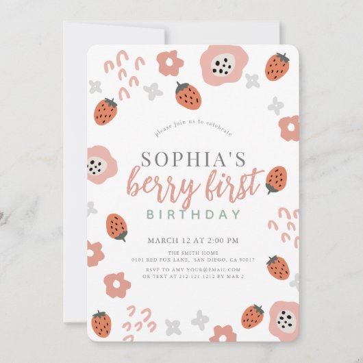Invitation Berry First Pink Strawberry Girl 1er anniversaire (Devant)