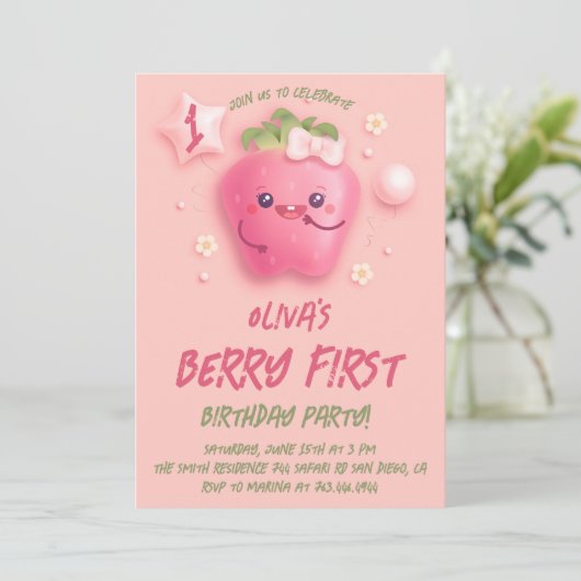 Invitation Berry First Strawberry 1er Anniversaire Fête Invit (Debout devant)
