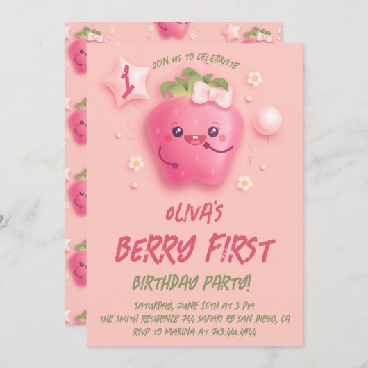 Invitation Berry First Strawberry 1er Anniversaire Fête Invit (Devant / Derrière)