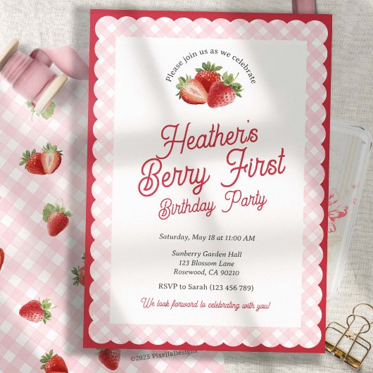 Invitation Berry First Strawberry Birthday with Pink Gingham