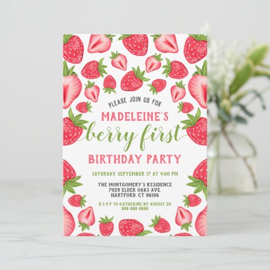 Invitation Berry First Strawberry Cute Custom 1er Anniversair (Debout devant)