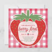 Invitation Berry First Strawberry En vichy Photo 1er annivers (Devant)