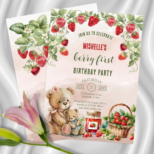 Invitation Berry First Strawberry et Bear Anniversaire