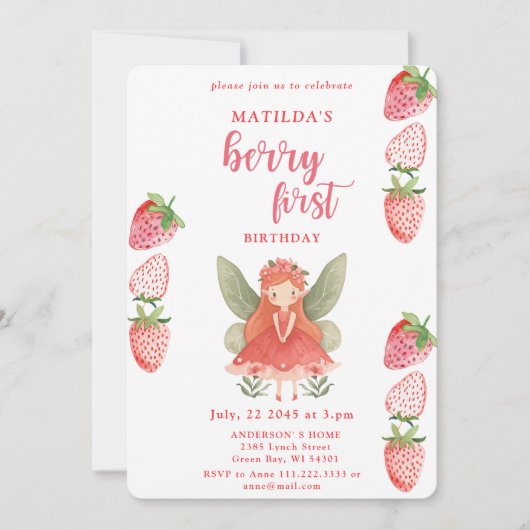Invitation Berry First Strawberry Fairy 1er Anniversaire fête (Devant)