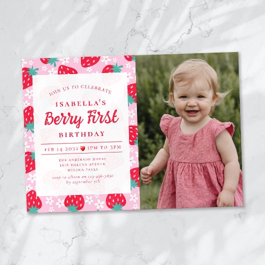 Invitation Berry First Strawberry Photo 1ère fête d'anniversa