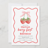 Invitation Berry First Strawberry Pink Bow 1er anniversaire (Devant)