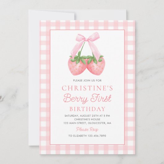 Invitation Berry First Strawberry Pink Bow 1er anniversaire (Devant)