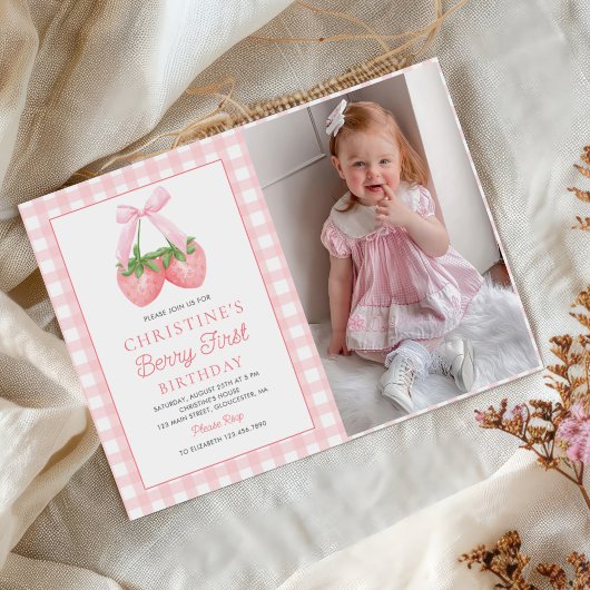 Invitation Berry First Strawberry Pink Bow 1er Anniversaire P