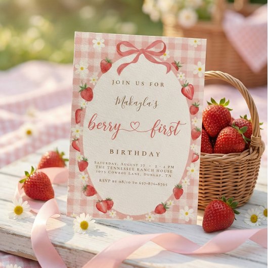 Invitation Berry First Strawberry Pink Gingham 1st Birthday