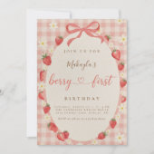 Invitation Berry First Strawberry Pink Gingham 1st Birthday (Devant)