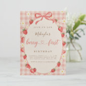 Invitation Berry First Strawberry Pink Gingham 1st Birthday (Debout devant)