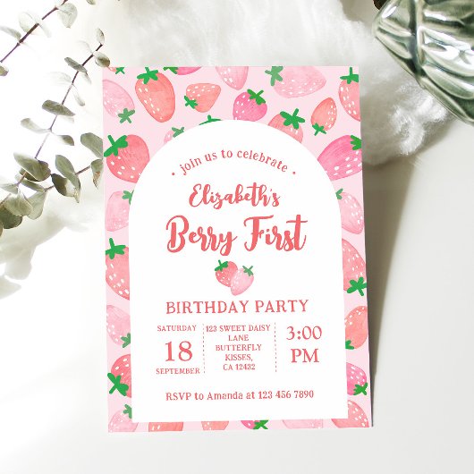 Invitation Berry First Strawberry Pink Girl's Birthday Party
